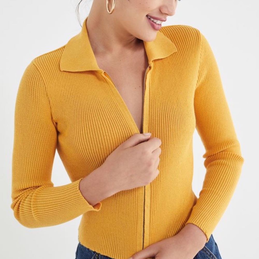 Urban Outfitters Black Collar Ribbed Crop Top Front Zipper Long Sleeve Large